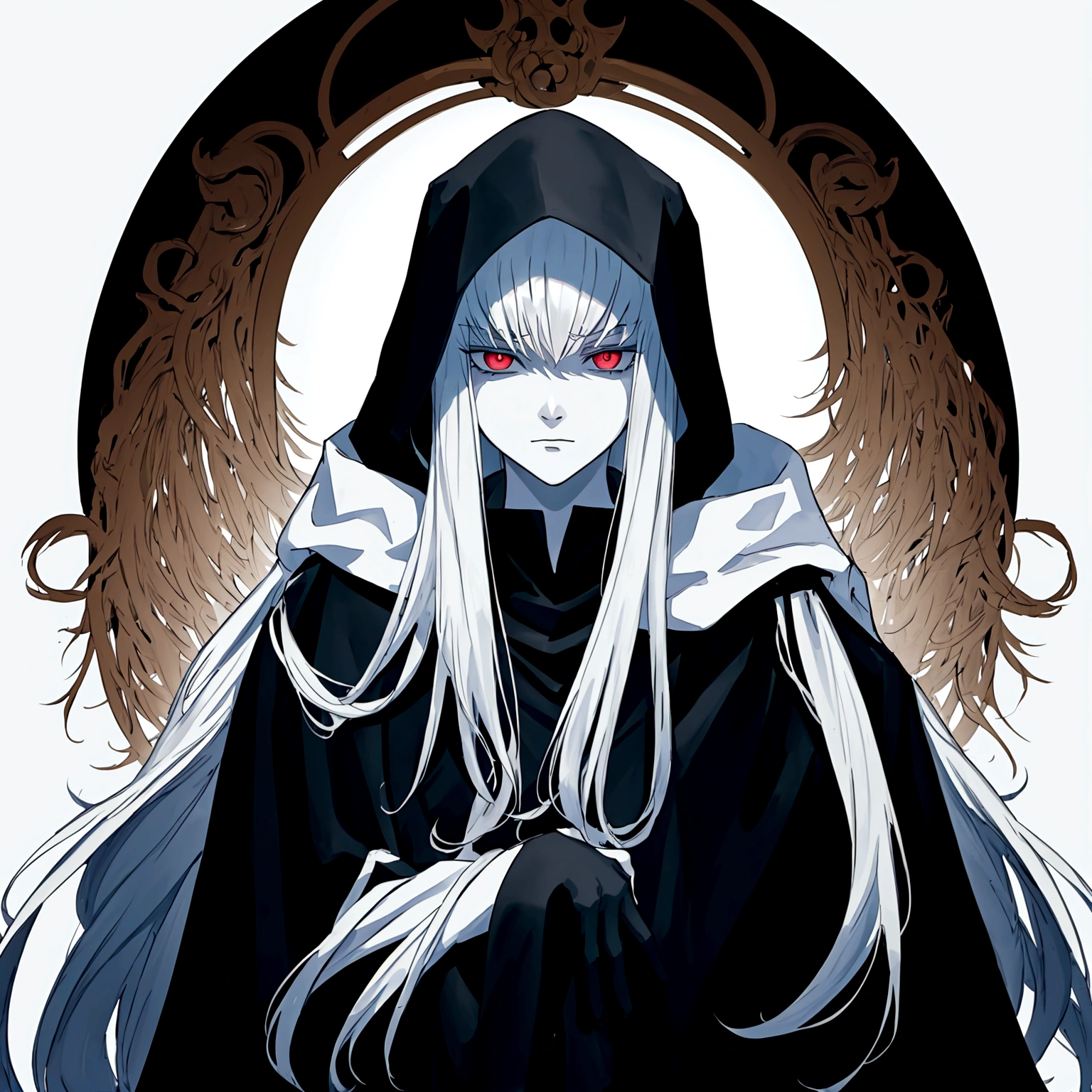 Once a truthful killer of souls. A man dressed in a black robe with a hood. He looked like something sent by darkness itself. He had pale skin like a demon. White Beast Eyes carrying a cold stare like a monster who doesn't care about emotions. White long hair that even his breath was afraid of. Darkness, Anime, Anime Man, Effectivness, High detail