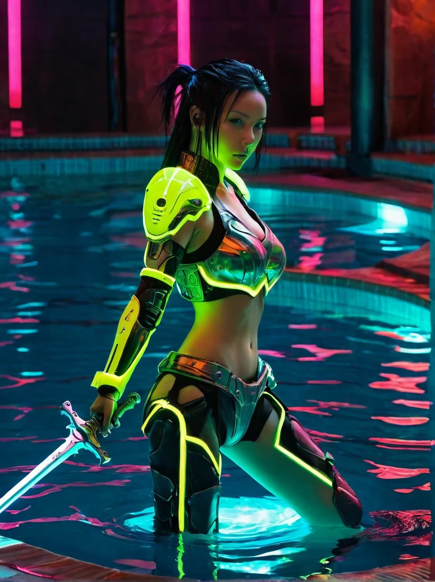 Cyberpunk helllady warrior in neon mecha armor,female swordsman Holding a sword in a pool ,solo,1sword,Luminescence's light eyes,Devil's Wings,Wide-angle lens,biology,weird,Creepy,nightmarish, Light Particles,Luminescence,Best Photo of the Year Winner,the world on fire,Post-apocalyptic hellscape,Military photography,Epic Photo of the Yeare on the horizon,Epic movie shots,Pure form,Intricate details,8k,Post-production,high resolution,Super Detail,anatomical correct:2