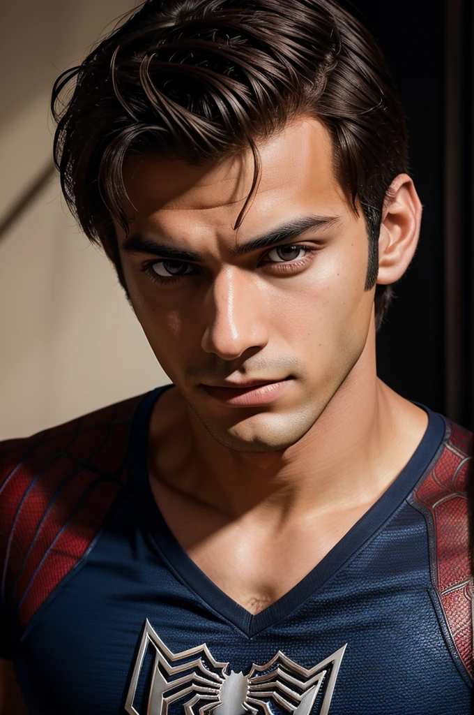 A photograph of spider man, no mask, 20 yo, handsome, detailed face, looking at camera, portrait, 8k uhd, high quality with written name 'ansh' in his chest