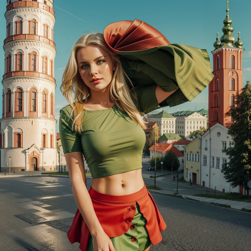 Lituania, pretty women blonde standing up, (((wear a green top)), (((wear a red skirt))), ((hills of Vilnius behind))