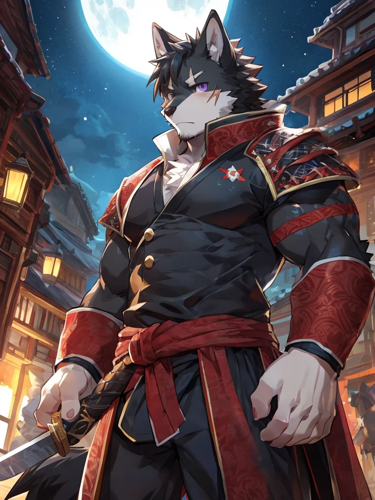 embedding:Black wolf,male, Purple eyes,Scar on the face, Single Person,black fur.Broken eyebrow,Samurai,Samurai suit,Ancient style,With a samurai sword at his waist.Handsome,Muscular,Tall,Serious,Night,Best quality hands, best quality eye,detailed fur,Delicate eyes.Extreme picture quality,by sollyz,by zixiong,by milkytiger1145