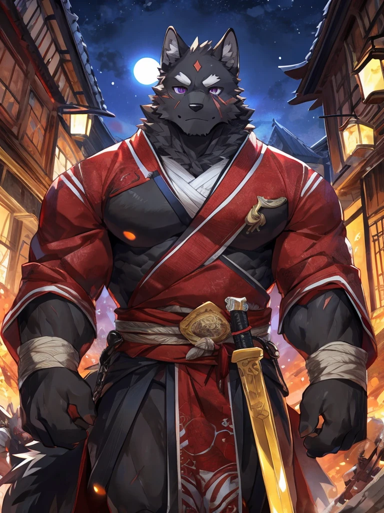 embedding:Black wolf,male, Purple eyes,Scar on the face, Single Person,black fur.Broken eyebrow,Samurai,Samurai suit,Ancient style,With a samurai sword at his waist.Handsome,Muscular,Tall,Serious,Night,Best quality hands, best quality eye,detailed fur,Delicate eyes.Extreme picture quality,by sollyz,by zixiong,by milkytiger1145