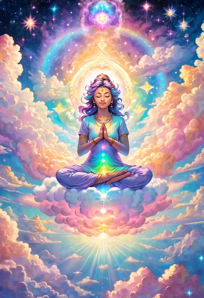 Angel meditating on clouds, photo from above, chakras glowing in pastel iridescent colors, happiness, joy, sacred, stars, universe