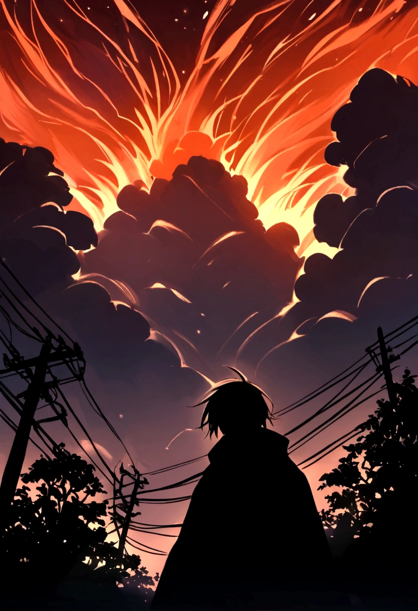 At dusk、The sky is fiery red and orange、
One city light、A single light。
The silhouette of a utility pole rises powerfully into the sky、
Electric wires connect to distant lights。
In this quiet time、Marking the end of the day。