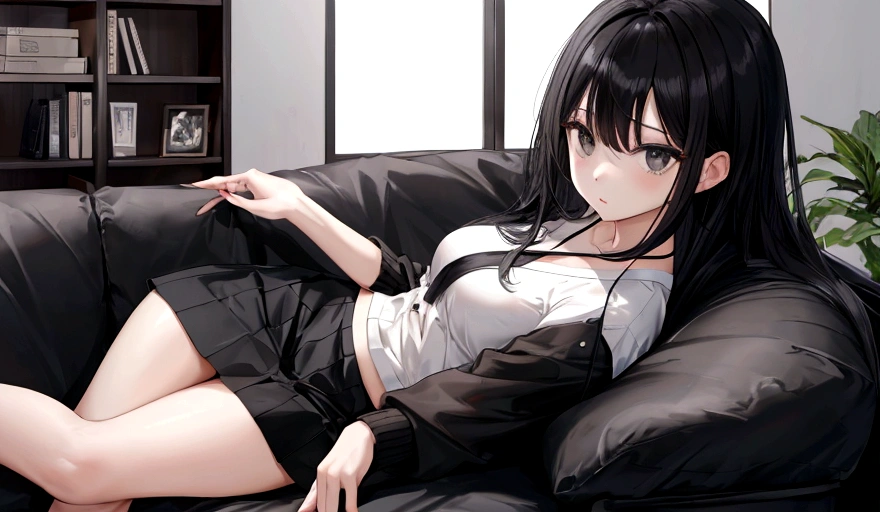 Black Hair、woman、Bookshelf、sofa、White top、Grey Skirt、black eye、Sharp focus