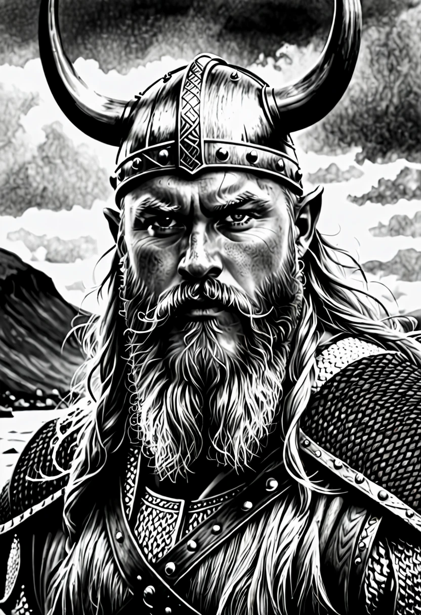 Viking,realistic drawing,blackandwhite,Norse mythology,