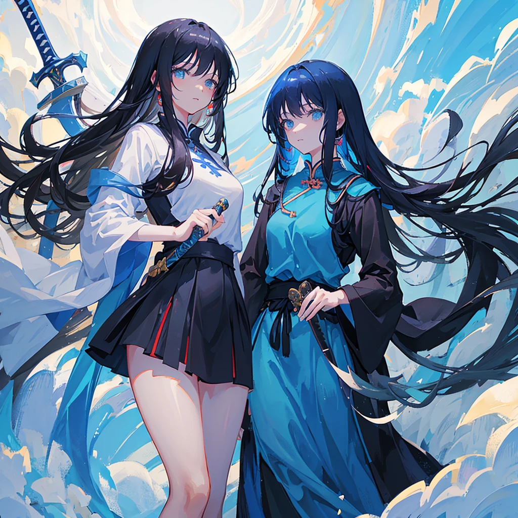 Anime girl with long black hair and a blue dress holding a sword,A Chinese woman，Black hair，((Pure blue background))