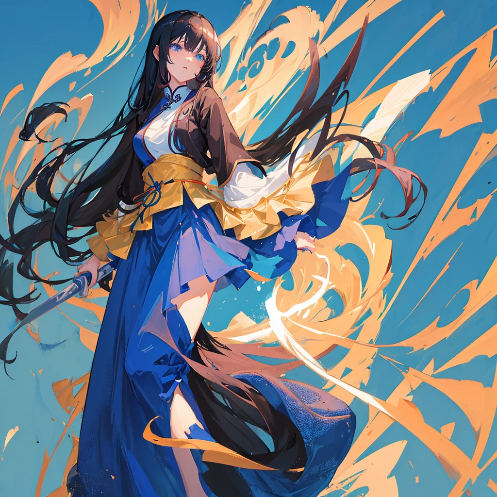 Anime girl with long black hair and a blue dress holding a sword,A Chinese woman，Black hair，((Pure blue background))
