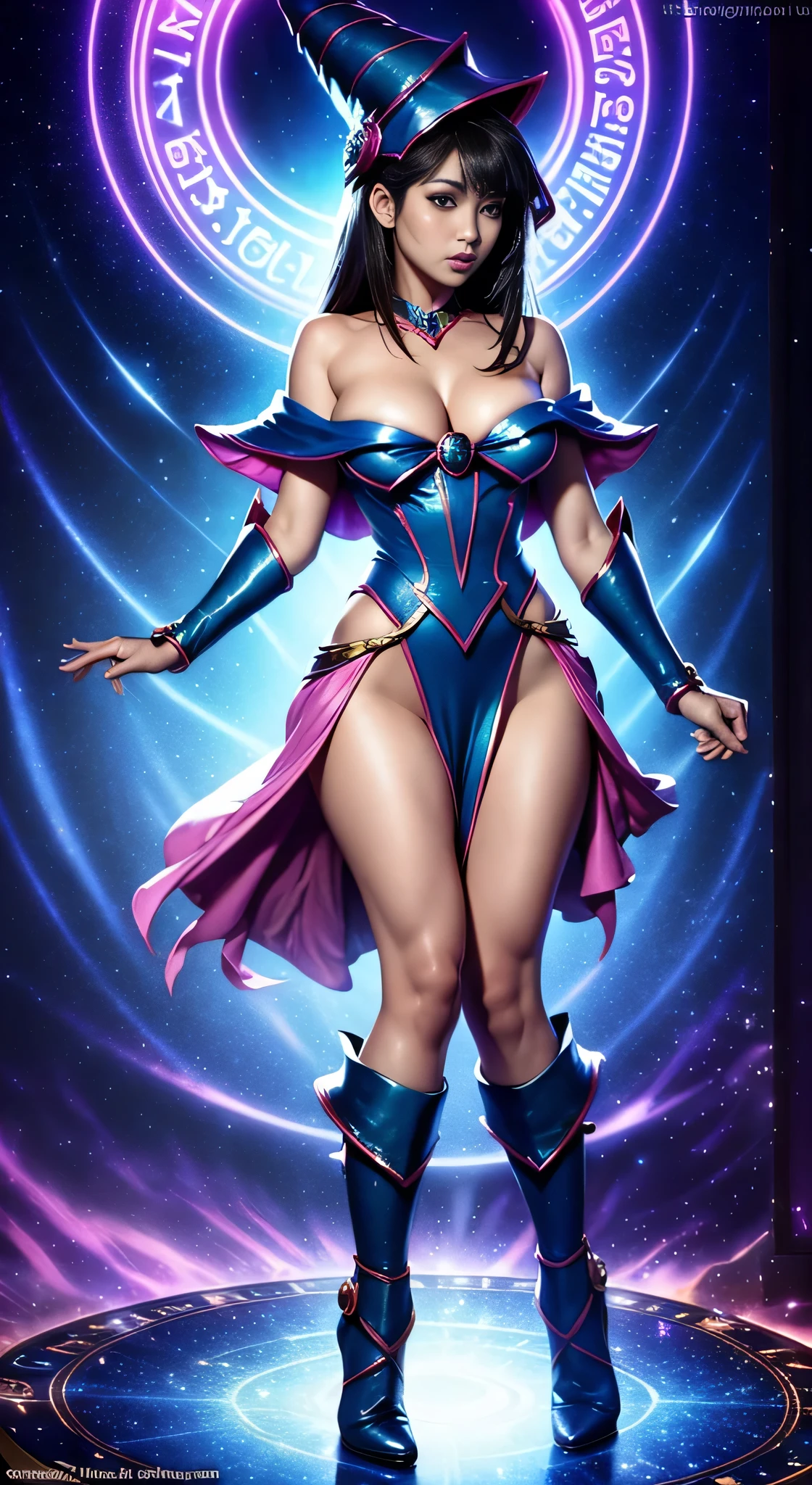 a beautiful dark magician girl with a super low-cut shimmering dress in a very sexy pose looking very sexy facing forward showing her full body, background with a magical spell, detailed face, high quality, photorealistic, 8k, vivid colors, chiaroscuro lighting, fantasy art