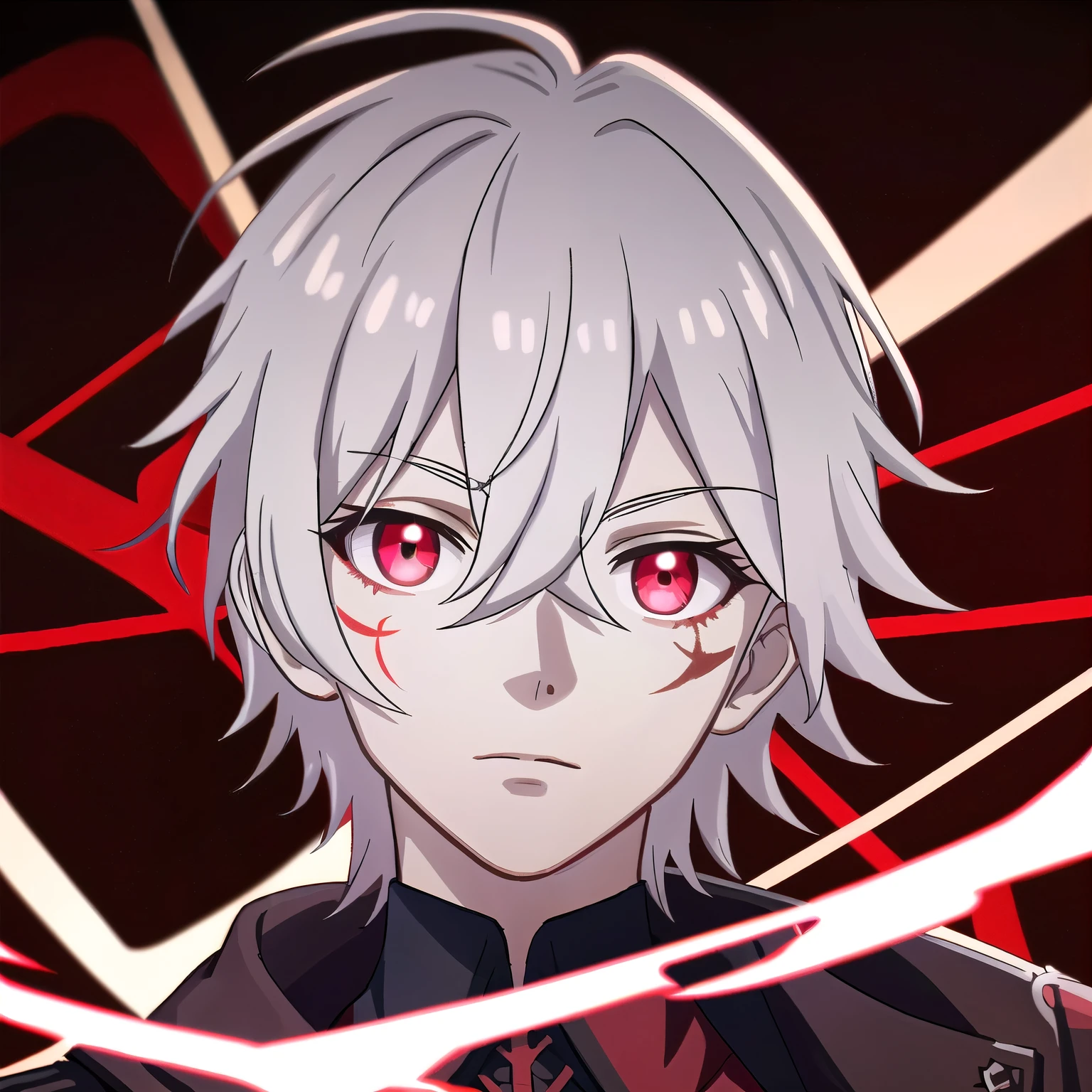 (high-quality, breathtaking),(expressive eyes, perfect face) portrait, Symmetrical Eyes, 1boy, male, teenager, solo, looking at viewer, portrait, red background, soft eerie dark red lighting background, allen walker, red eye color, white hair, scar, facial mark, halfbody shot, short hair length, neutral expression, charming, black purple jacket, hood, red trim
