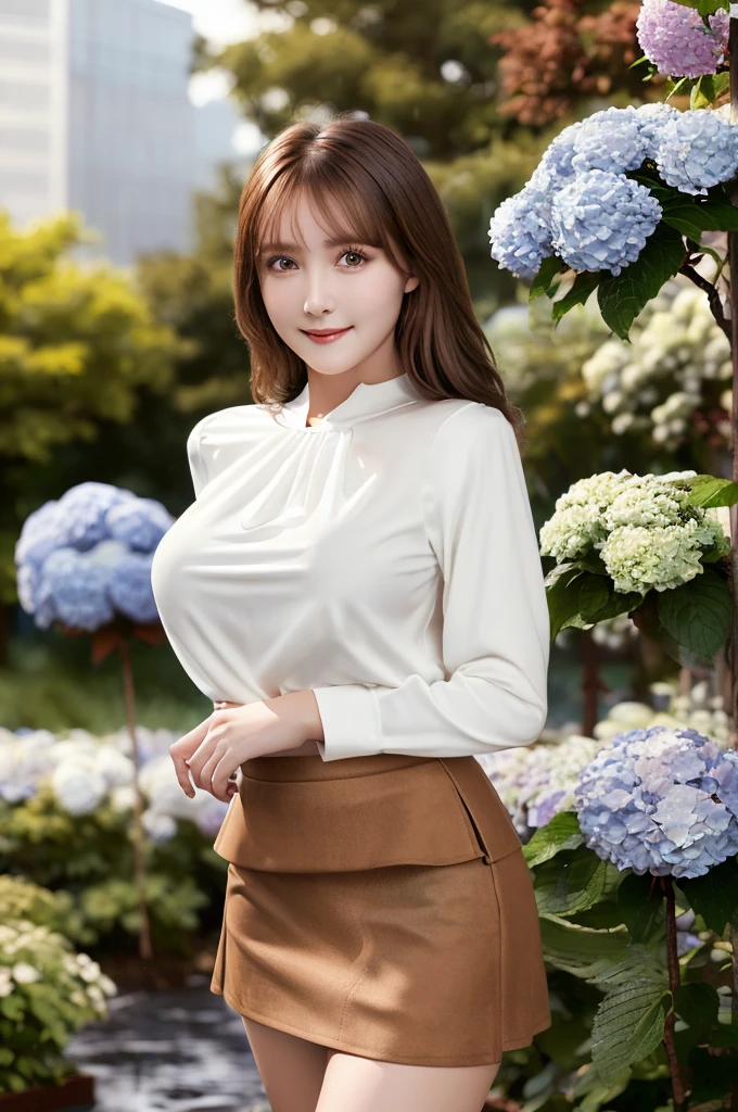Tabletop, Highest quality, shape, Very detailed, In detail, High resolution, 8k wallpaper, Perfect dynamic composition, Beautiful attention to detail, Wavy long hair,Big breasts and natural lips, Sexy pose,smile,25-year-old woman、Beautiful woman、Looking into the camera、Ultra-realistic、(((reality:1.5))),(((White blouse、skirt、Brown Hair、Dark Eyes、Big and beautiful eyes:1.5)))、Standing posture、(((One Woman:1.5))),(((Japanese、rain、garden、Beautiful hydrangea flowers)))