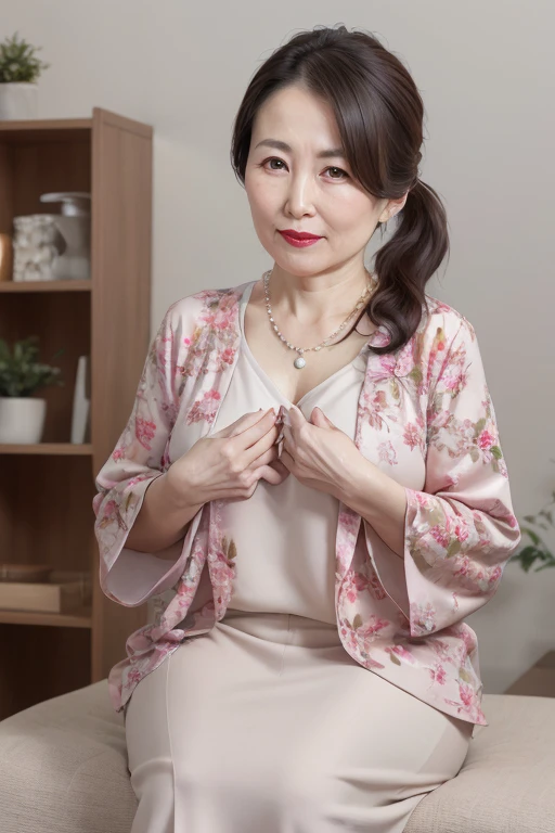 Beautiful mature Japanese woman aged 55, Married women, have fine wrinkles, Long eyelashes, Sparkling eyes, Low ponytail, Red lipstick, elegant, Great body, Pearl Necklace, Open chest shirt, Floral slit skirt, photo shoot, Place both hands on cheeks