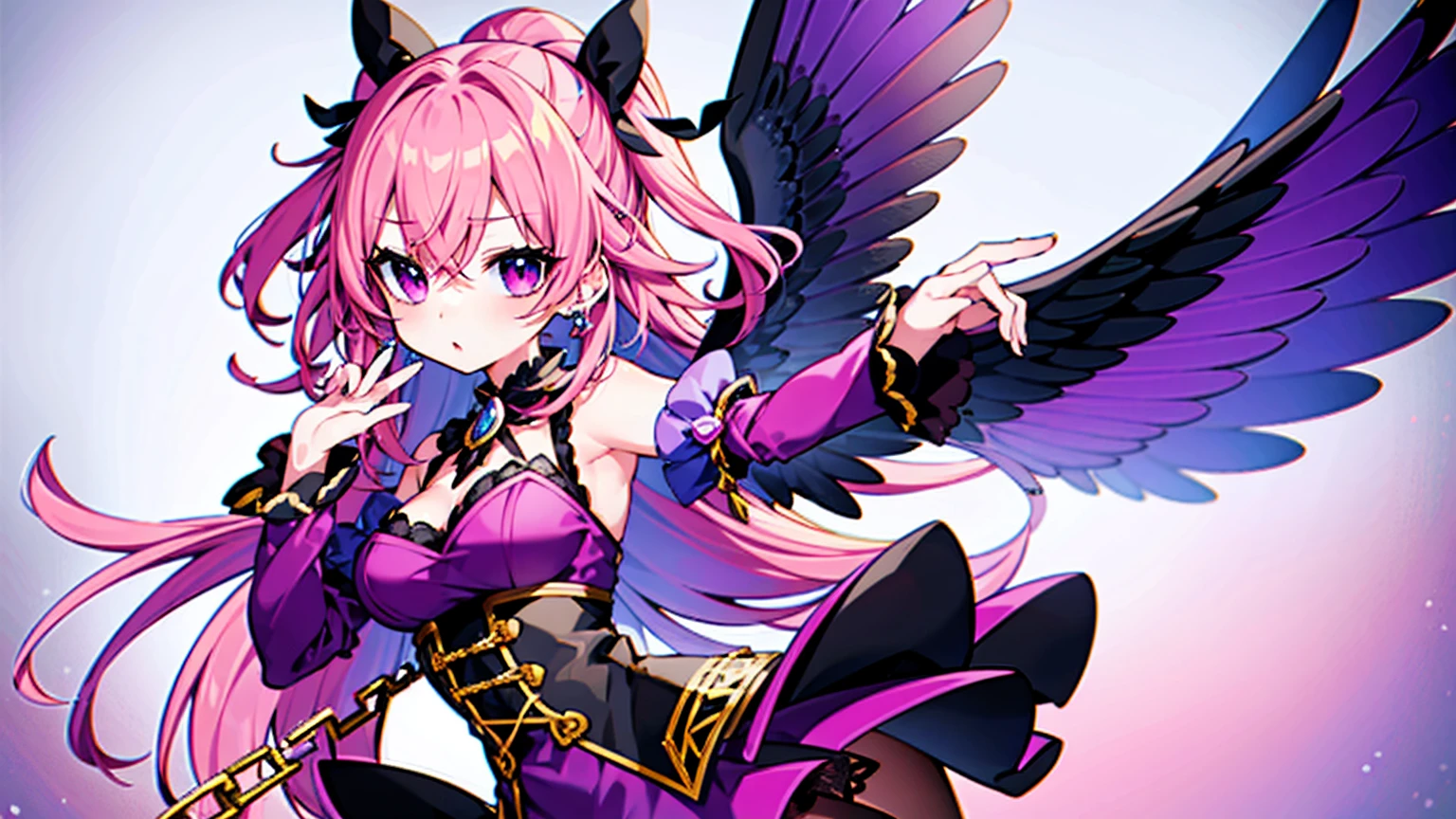 ( high quality , Super detailed, Watch your hands )This character is a beautifully designed anime-like character with delicate features. She has long, pastel pink hair that flows down to her ankles, with bangs swept to the side. Her eyes are large and expressive, with pink irises, which are commonly seen in anime-style characters. She is wearing a fantasy-inspired outfit that combines purple and black colors with gold accents. The outfit includes a form-fitting bodice with a high collar, frills, lace details, and thigh-high stockings with ribbon lacing. The character is adorned with ribbon-like accessories, such as a large bow in her hair and smaller bows on her outfit. She also has gold chains hanging from her waist and thigh. Her pose is playful, with one leg lifted slightly and a finger held to her lips, suggesting a secret or silence. Additionally, she has two elaborate wings, possibly mechanical or magical in nature, with multiple segments and a circular design near the base. The character is depicted in a vibrant scene with flowers matching her hair color, patches of grass, and a gemstone on the ground, creating a whimsical and otherworldly atmosphere.Chibi Chara