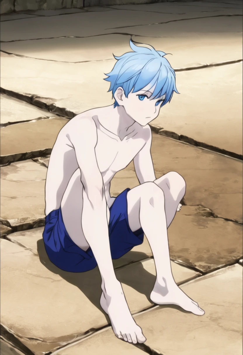 Anime boy sitting on the ground with his legs crossed, 1 boy, Khun Ran (Tower of God : New World), blue hair, blue eyes, short pants, bulge, spread legs, naked, nipples, short hair