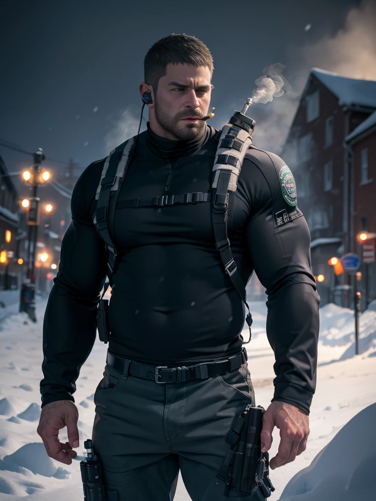 Dark gothic village in the background, old Chris Redfield from Resident Evil 8, 48 year old, muscular male, tall and hunk, biceps, abs, chest:1.6, (muscle:1.7),  topless, long sleeves, black trousers, shoulder holster, earpiece, belt, thick beard, cold face, cigarette in mouth, smoke, video games style, high resolution:1.2, best quality, masterpiece, dark nightime, dark atmosphere, winter, snowing, shadow, upper body shot