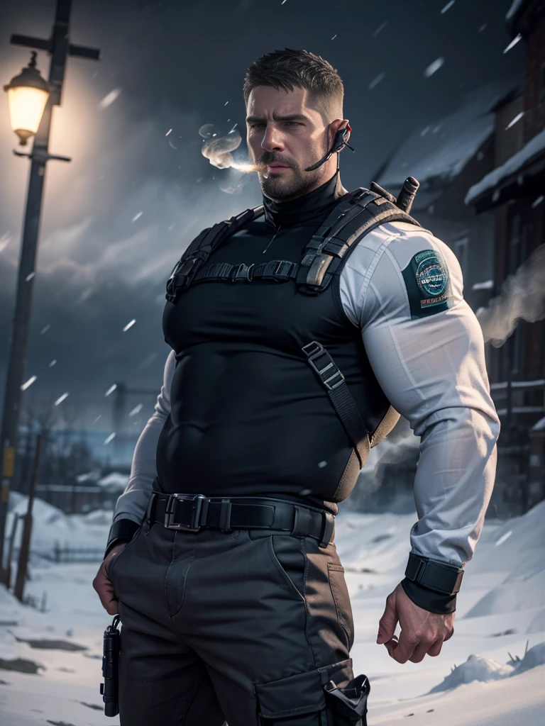 Dark gothic village in the background, old Chris Redfield from Resident Evil 8, 48 year old, muscular male, tall and hunk, biceps, abs, chest:1.6, (muscle:1.7), topless, long sleeves, black trousers, shoulder holster, earpiece, belt, thick beard, cold face, cigarette in mouth, smoke, video games style, high resolution:1.2, best quality, masterpiece, dark nightime, dark atmosphere, winter, snowing, shadow, upper body shot