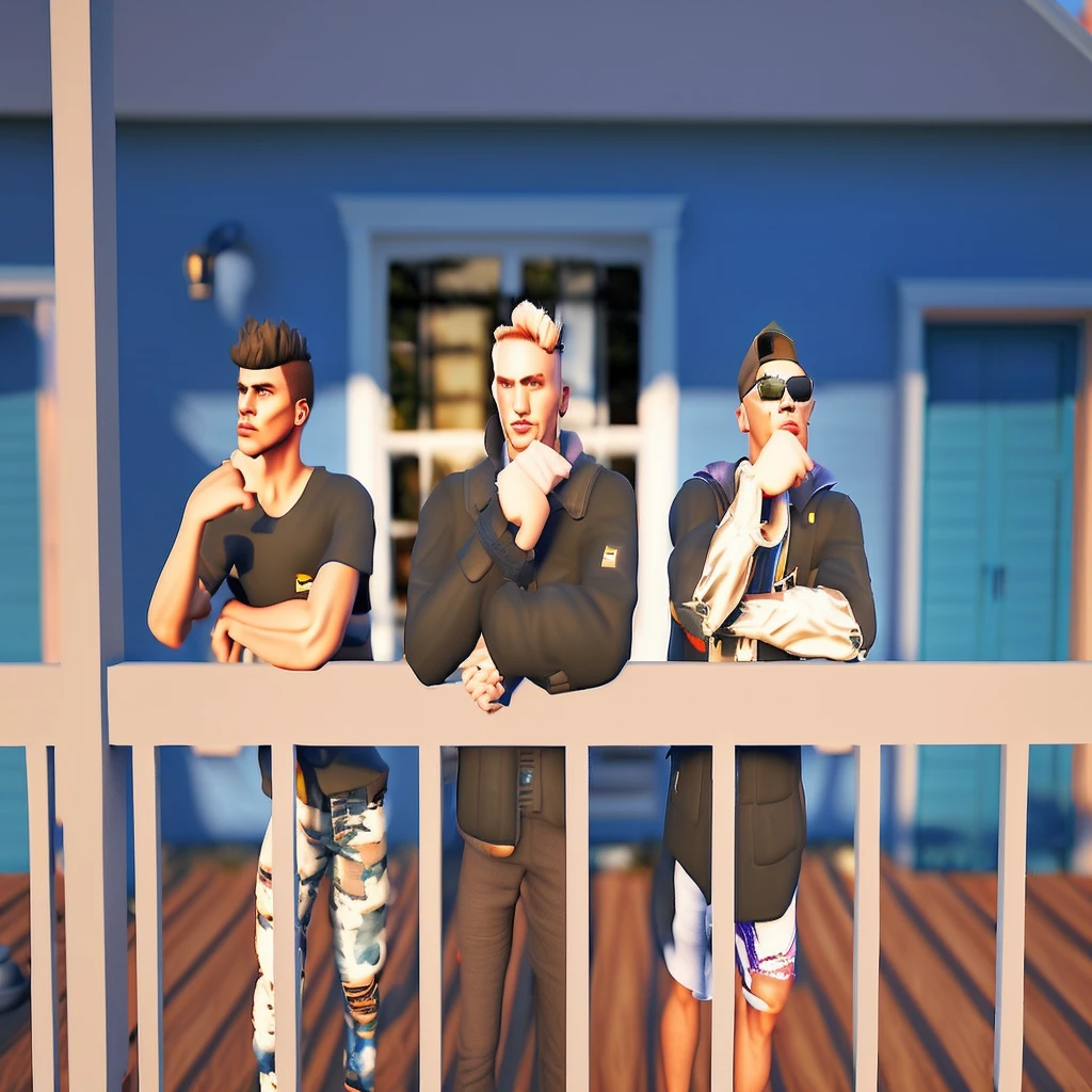 three men standing on a deck with their arms crossed, fvckrender, realism in style of fornite game, in front of the house, realistic scene, balcony scene, stylish pose, realism artstyle, casual pose, gang house, posing for a fight intricate, realistic artstyle, with fully detailed faces, videogame still, looks realistic, realistic fortnite
