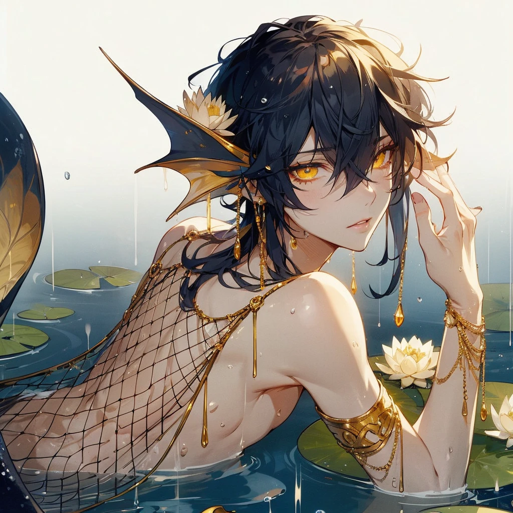 Anime, semi realistic, Male, fins for ears, golden jewelry hanging from ears, fishnet like drapery see through fabric, wet messy dark blue hair, golden slightly glowing eyes, water lily on lily pad on head, Unnaturally narrow waist, water lily in hair, big plump full lips, sickly pale, hollow cheeks, sunken eyes, very skinny, feet jewelry, black fingers long black nails, siren eyes, large black spine protruding from back, lankey limbs, long limbs, contorted body, full body