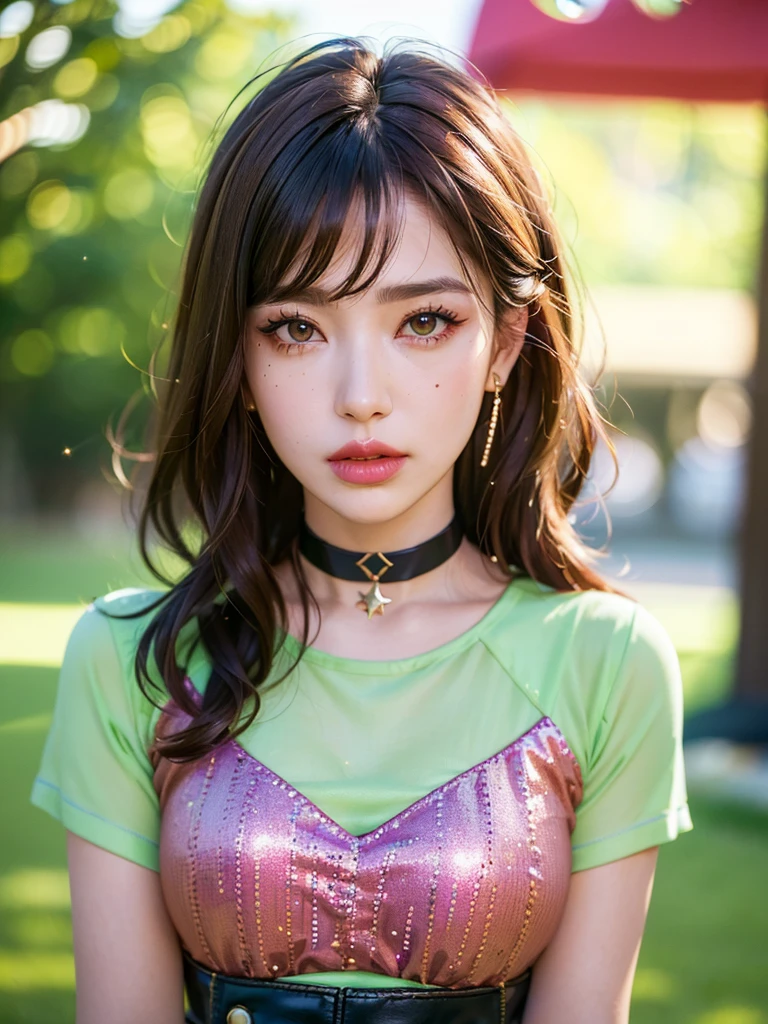 1girl, alone, solitary, high quality, (best quality,4k,8k,highres,masterpiece:1.2),ultra-detailed,(realistic,photorealistic,photo-realistic:1.37),gorgeous hair,light brown hair,long hair with curls and bangs,sharp eyes,mole under the eye,plump lips,jewelry,(high detailed skin:1.4),(rim lighting:1.3),(lit:1.3),(sunny day:1.3),portrait,beautiful lips,waist-length hair,seductive gaze,moles,casual clothes,colorful clothing,close up,super long hair,choker necklace,light green eyes,bangs,fringe,dimples on the cheeks,dimples,brown hair,lighthair,brown hair,black,red lips,red lipstick,round lips,round pouty lips,pouty lips,douyin makeup,sparkly makeup,glitter,contact lenses,blue,green,pink,purple,wine red,highlights,colored highlights,piercings,gems,glitter,lipstick,lip gloss,green eyes