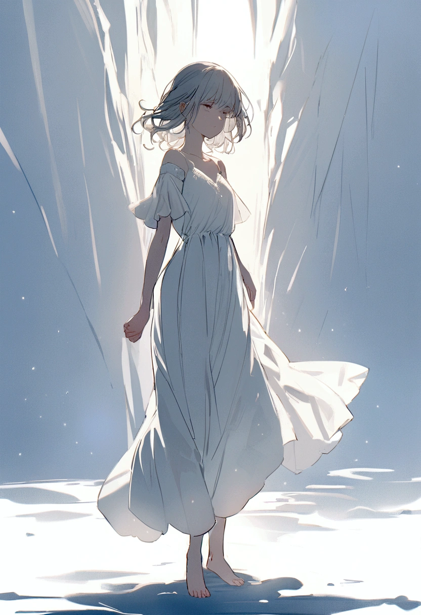 (Highest quality, High resolution), (Pure white background), Barefoot girl standing on the plain, Gray Hair, White eyelashes, White eyebrows, There was a cold look on her face, Fair skin, White Dress, Sad look, Sense of light, Soft and delicate, Ultra Sharp, High resolution画像, (close)