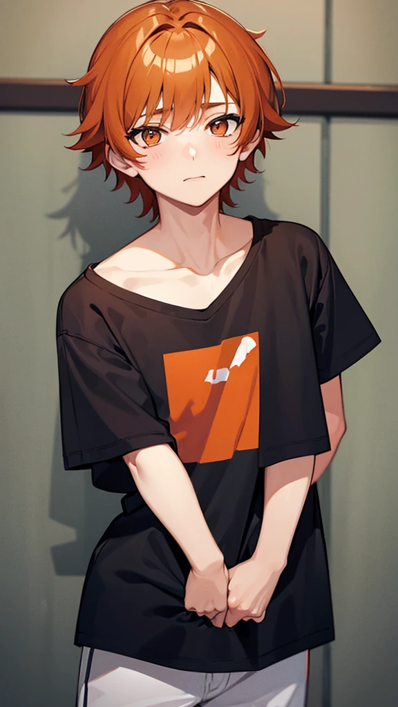 a 14 year old boy with dark orange hair wearing a t-shirt 