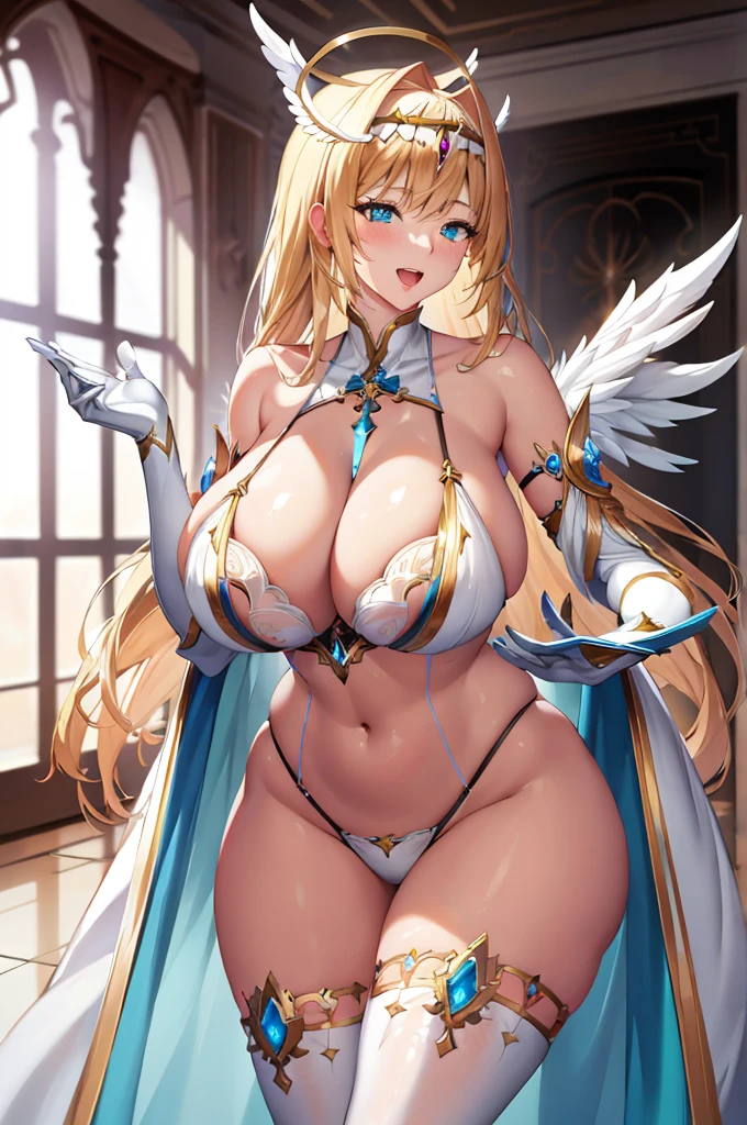 最high quality, high quality, 8K、High resolution,Highest quality、anime、solo、Arafe woman wearing a white bikini, bare hands、barefoot、belly button、Overflowing motherhood、Thighs、Background of a room with a chandelier、Are standing、Open Mouth Smile、Blonde、high qualityな青い瞳、白いビキニを着ているsuper Wide Angel, Majestic angel all over the body, animeの女神, Wide Angel, Angela White, Epic pose,白いビキニを着ている美しく魅力的なanimeの女性, Huge and stunning goddess shots, Angel Knight Girl, Tall female angel, She has angel wings on her back, Highly detailed goddess shot