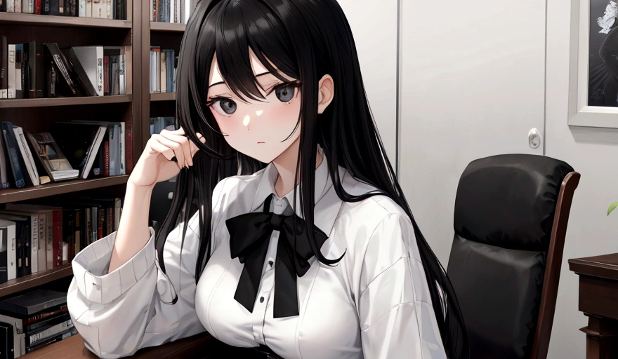 Black Hair、woman、Bookshelf、Chair、White top、Grey Skirt、black eye、Sharp focus