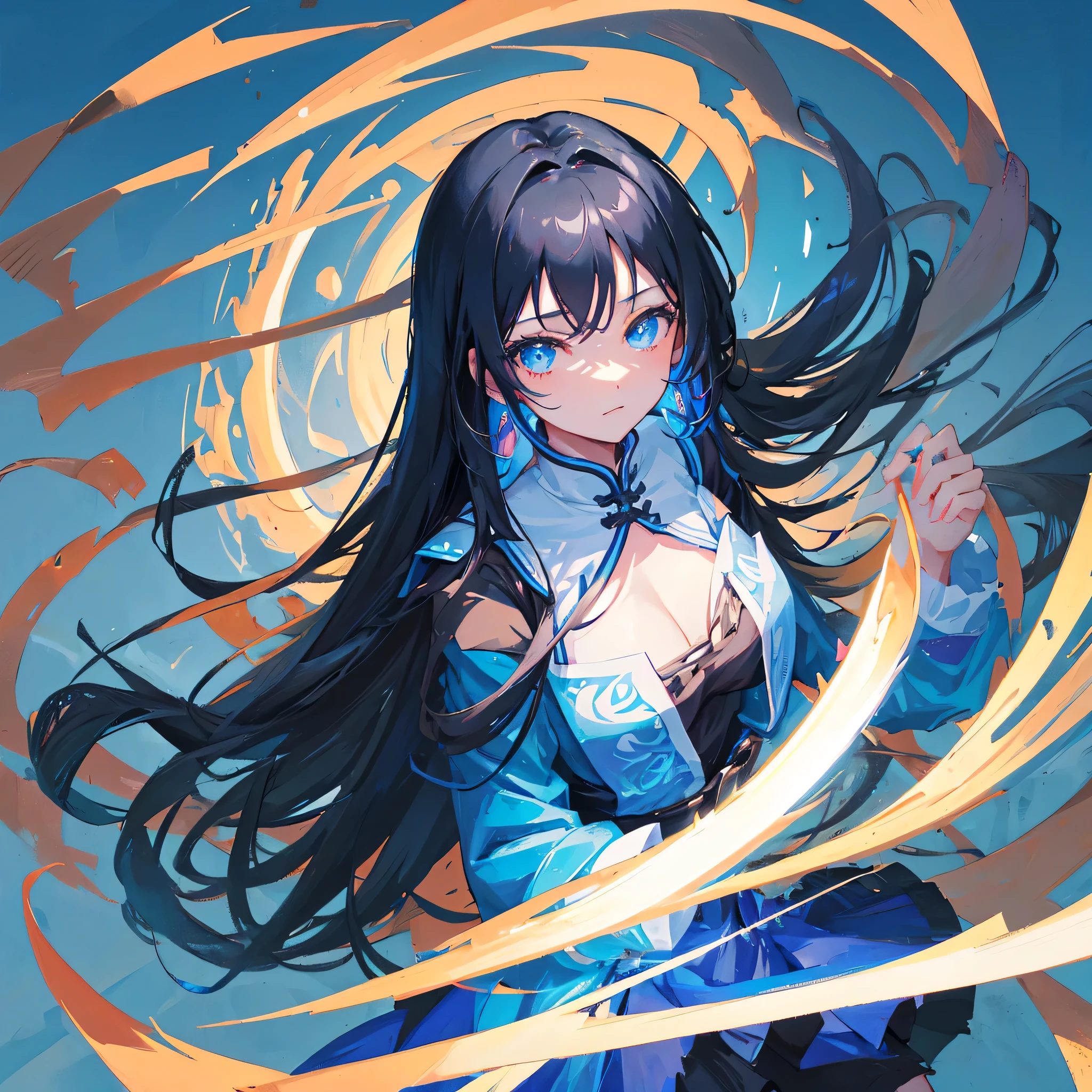 Anime girl with long black hair and a blue dress holding a sword,A Chinese woman,Black hair,((Pure blue background))