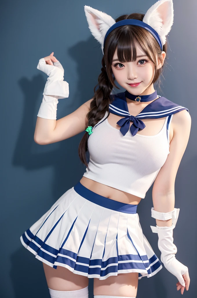 1 woman, solo, long hair, breasts, looking at viewer, blushing, smiling, open mouth, blue eyes, skirt, simple background, brown hair, knee-highs, gloves, white background, ribbon, belly button, animal ears, exposed shoulders, underwear, , tail, hair ribbon, ponytail, white hair, :d, thighs, colorful hair, pleated skirt, hairband, extra large breasts, large breasts, sailor uniform, sleeveless, elbow gloves, fangs, abdomen, striped, white gloves, miniskirt, sailor collar, stomach, two-tone hair, blue skirt, striped hair, crop top, neckerchief, cosplay, skin dentation, high-cut, horse ears, blue sailor collar, Uma Musume, striped knee-highs, horse tail, chest curtain