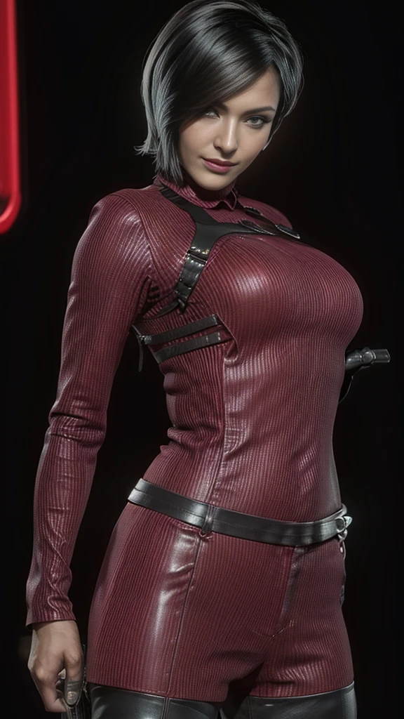 (Ada Wong)short bobcut dark hair, gorgeous eyes, high arched eyebrows, seductive look,looking at viewer,big breasts,exposed cleavage, (crimson silk shirt and black leather pants:1.5),pistol shoulder holster, black vinyl pants, stilettos, midnight modern metropolis Paris France neon signs background, spot lighting, backlight on hair, shallow depth of field, bokeh, sexy pose(no nsfw images)