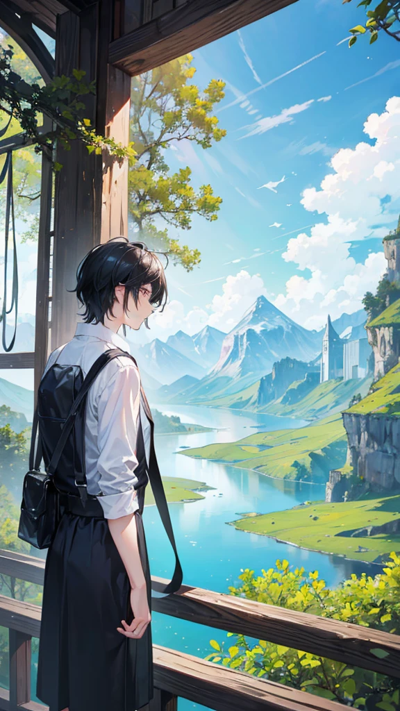 A young adult god, exploring the wonders of his own world, as he sightsees the amazing view of the land, as there was a lake, a forest, and mountains, as he has very black hair and a white skin tone, his clothes being a bit otherworldly yet normal, as he had no bag