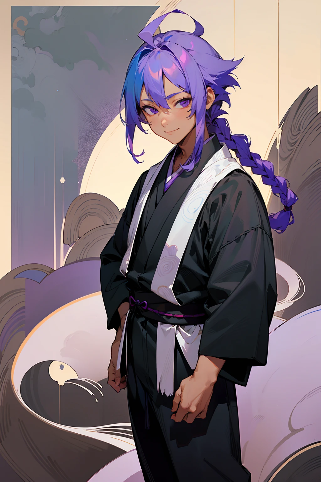 1male, tan skin, teenager, blind eyes, light blue hair, dark purple hair, half blue half purple hair, side braid hair, smiling expression, open black and white ukata, old japanese background, , detailed background, detailed face, standing on path, hand to side