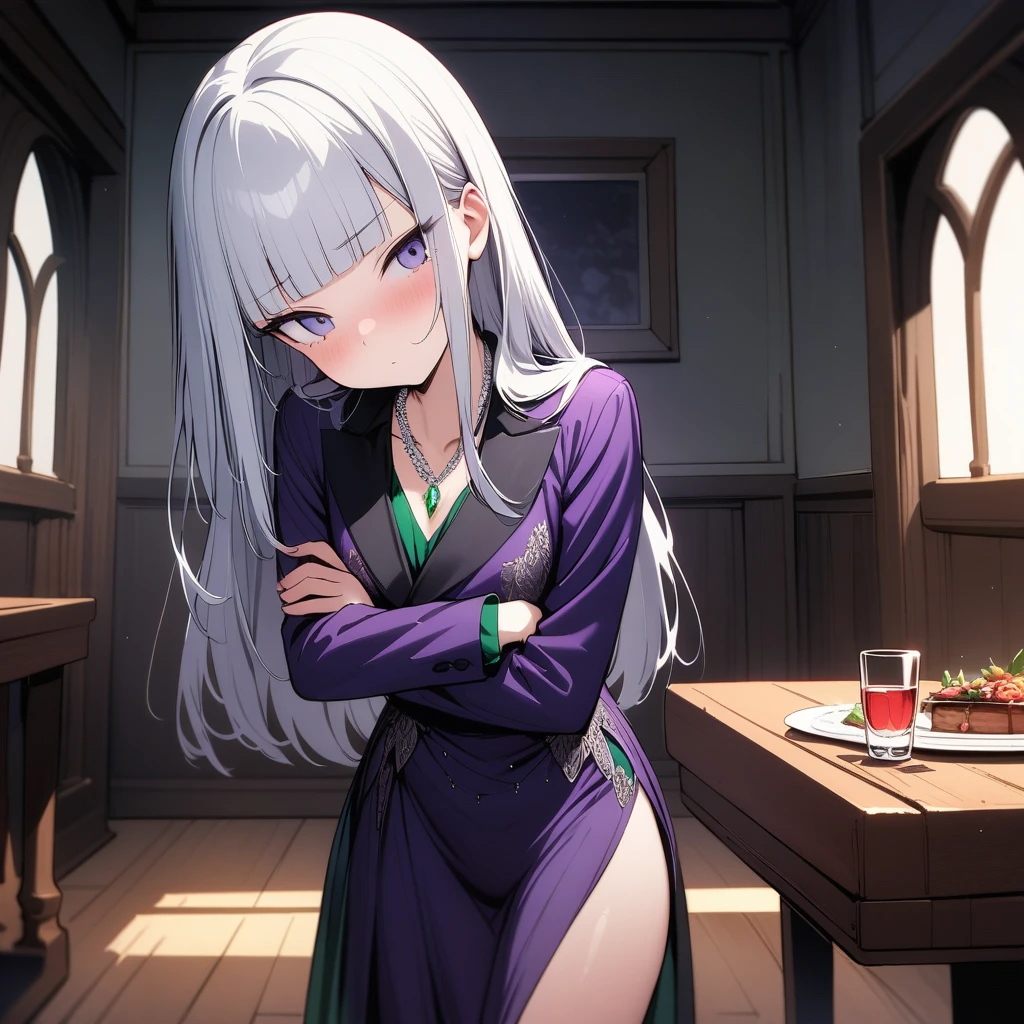 (masterpiece),(best quality),very aesthetic,(ultra-detailed),(illustration),(degenerate),very aesthetic,nsfw,1girl,16yo,slender,long hair,silver hair,straight hair,(blunt bangs),dark blue alluring eyes,bored,sigh,holding a wine glass,drunk,standing,standing on one leg,crossed arms,head tilt,leaning against Gorgeously carved stone walls,An elegant and sophisticated outfit perfect for a party, featuring a purple velvet dress with green lace accents,long sleeves,Silver necklace with embedded emerald gemstone,Guest house of Western aristocracy,hall,table,A sumptuous meal is laid out on tables,cowboy shot