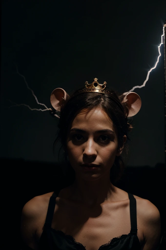 mouse with a crown and lightning bolt behind with a dark background