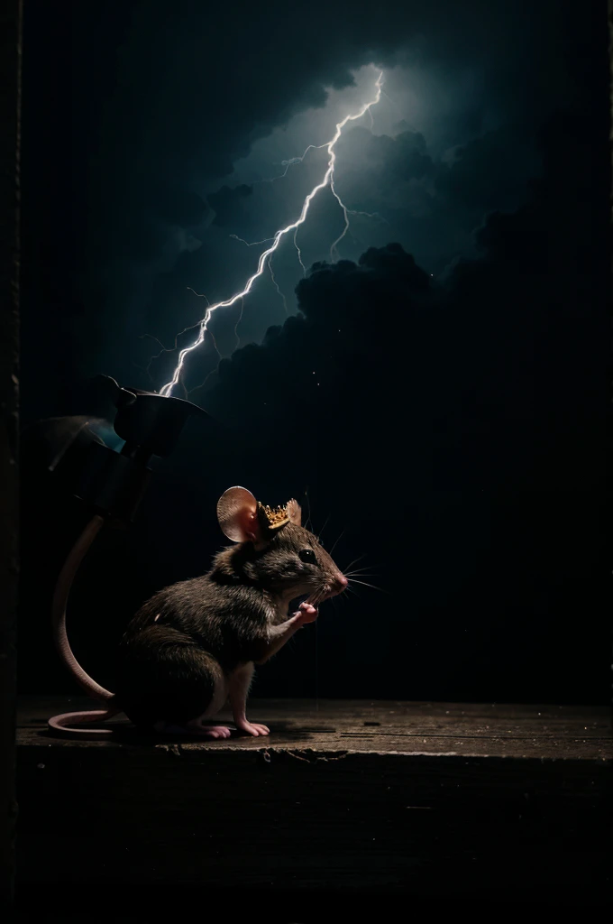 mouse with a crown and lightning bolt behind with a dark background