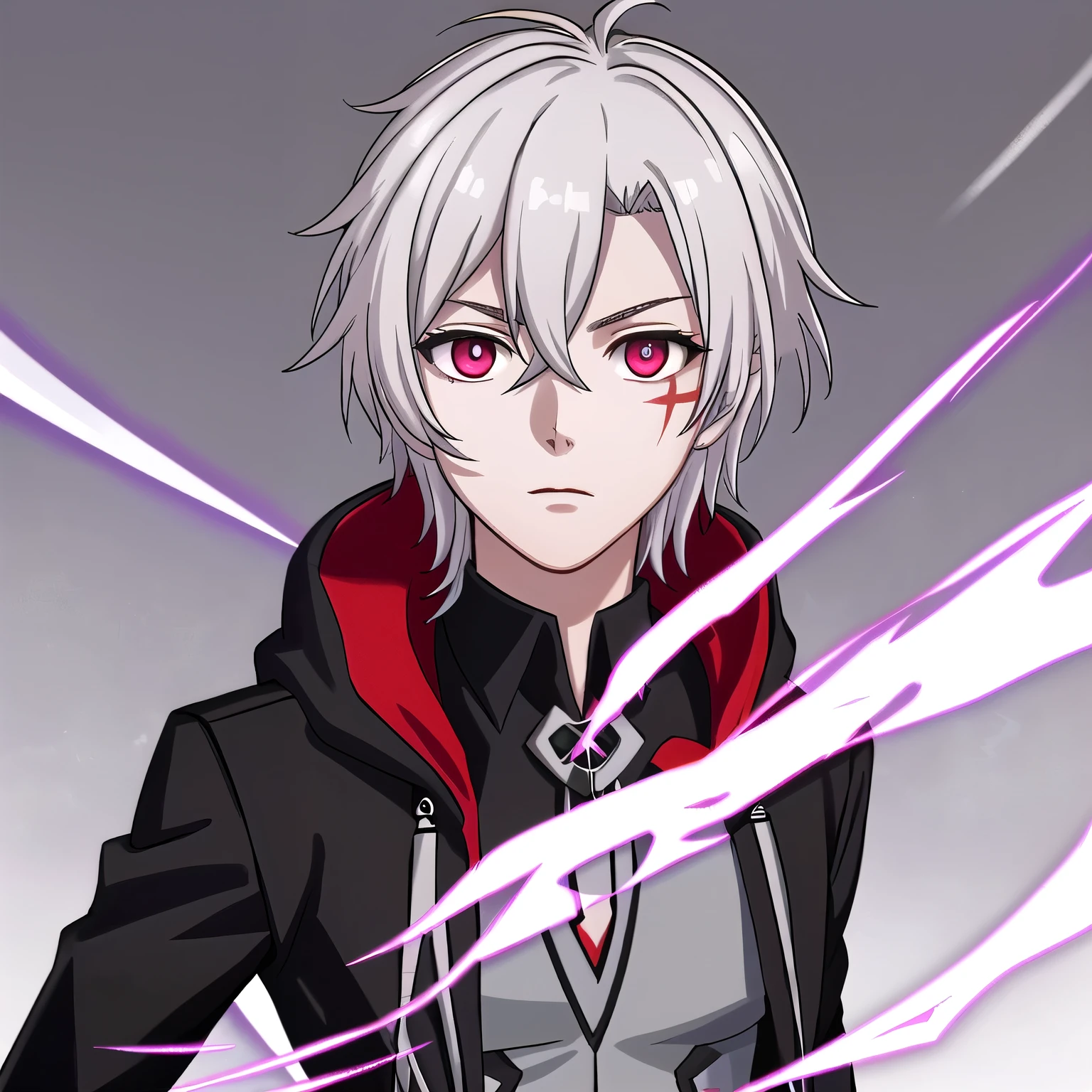 (high-quality, breathtaking),(expressive eyes, perfect face) portrait, Symmetrical Eyes, 1boy, male, teenager, solo, looking at viewer, portrait, grey background, allen walker, red eye color, white hair, scar, facial mark, halfbody shot, short hair length, neutral expression, charming, black purple jacket, hood, red trim
