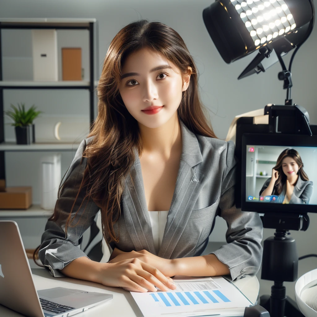 arafed woman sitting at a desk with a laptop and a camera, well lit professional photo, professional profile picture, professional image, marketing photo, professional picture, professional photoshoot, professional comercial vibe, portrait shot, photoshoot for skincare brand, studio shot, professional headshot, amazing professional picture, professional profile photo, professional lightimg, professional shoot, professional modeling