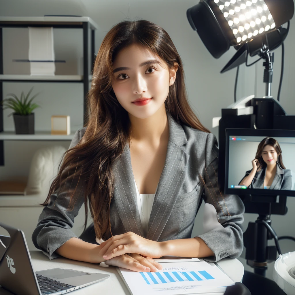 arafed woman sitting at a desk with a laptop and a camera, well lit professional photo, professional profile picture, professional image, marketing photo, professional picture, professional photoshoot, professional comercial vibe, portrait shot, photoshoot for skincare brand, studio shot, professional headshot, amazing professional picture, professional profile photo, professional lightimg, professional shoot, professional modeling