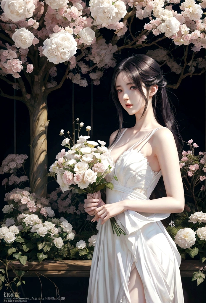 Anime girl in a white dress holding flowers in a garden, Beautiful Anime artwork, Beautiful Anime art, guweiz on pixiv artstation, Guweiz on ArtStation Pixiv, Beautiful Anime, Jan J, Beautiful artwork illustration, Beautiful Anime portrait, Gweiz-style artwork, Anime fantasy artwork, anime art wallpaper 4k