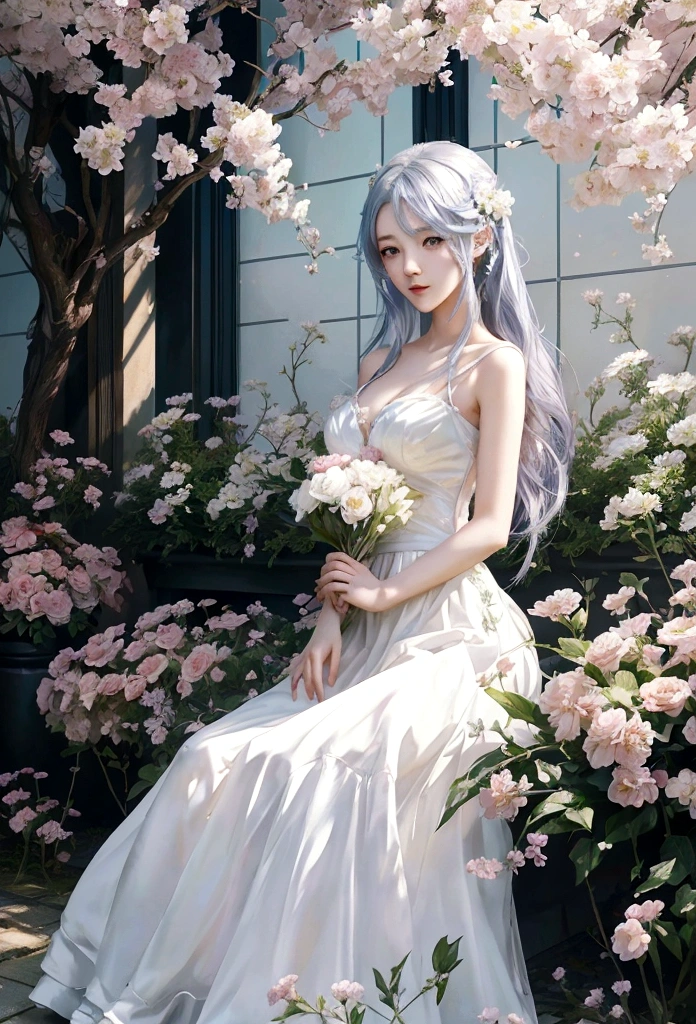 Anime girl in a white dress holding flowers in a garden, Beautiful Anime artwork, Beautiful Anime art, guweiz on pixiv artstation, Guweiz on ArtStation Pixiv, Beautiful Anime, Jan J, Beautiful artwork illustration, Beautiful Anime portrait, Gweiz-style artwork, Anime fantasy artwork, anime art wallpaper 4k