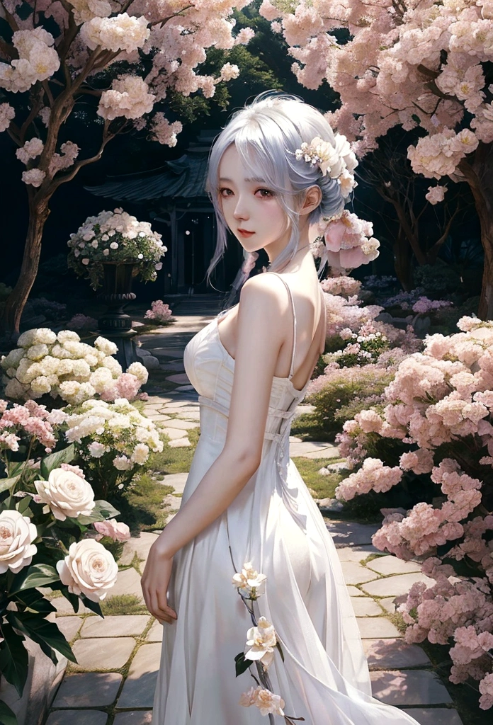 Anime girl in a white dress holding flowers in a garden, Beautiful Anime artwork, Beautiful Anime art, guweiz on pixiv artstation, Guweiz on ArtStation Pixiv, Beautiful Anime, Jan J, Beautiful artwork illustration, Beautiful Anime portrait, Gweiz-style artwork, Anime fantasy artwork, anime art wallpaper 4k
