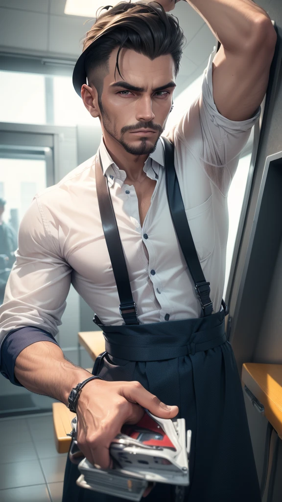 janitor stylish man hands to the sides