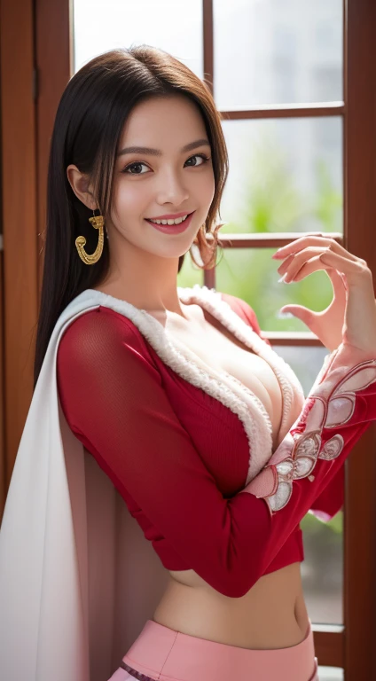 ((masterpiece:1.4, Highest quality)), ((masterpiece, Highest quality,8K)), (Photo Real:1.4), Mid-chest, woman, (Boa Hancock, Cape, Epaulettes:1.2, Cleavage:1.2, jewelry, Earrings), ((Red abdomen: 1.2)), Cleavage, (Long sleeve: 1.5), Big black eyes, cute, young, ((hand hart: 1.7)), (Asian House, interior, window, , smile), Cowboy Shot, Professional Lighting, Physically Based Rendering