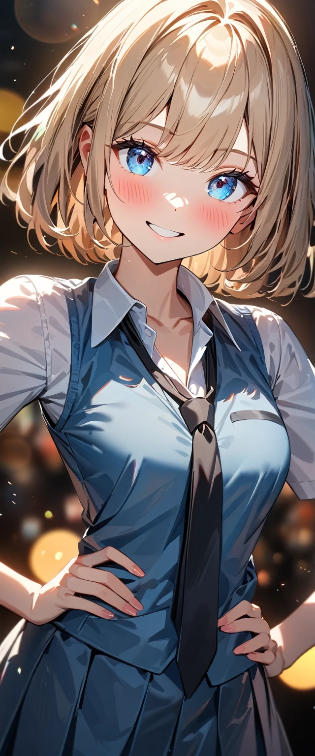 (((One girl))), blond hair, bob cut, (cowboy shot), (looking at viewer), (open collar:1.3), ((black tie under the waistcoat)), face in focus, ager, head tilt:1.3, (((blue eye))), ((happy smile)), ((blush)), contrapposto, one hand on hip, school summer uniform, white shirts, skirt, black waistcoat, anime style, (best quality, 4k, 8k, highres, masterpiece:1.2, ultra-detailed, ultra-detailed eyes, HDR, UHD, studio lighting, ultra-fine painting, sharp focus, physically-based rendering, extreme detail description, professional, vivid colors, bokeh)