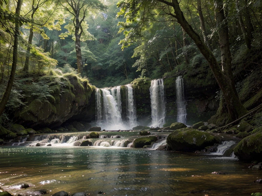 a beautiful waterfall in a lush green forest, intricate details, stunning natural landscape, water flowing over rocks, sunlight filtering through the trees, mist rising from the falls, ancient mossy trees, colorful wildflowers, detailed foliage, realistic and lifelike, serene and peaceful atmosphere, (best quality,4k,8k,highres,masterpiece:1.2),ultra-detailed,(realistic,photorealistic,photo-realistic:1.37),stunning landscape,award winning, cinematic lighting,dramatic lighting,dramatic shadows,vibrant colors,lush greens,nature photography