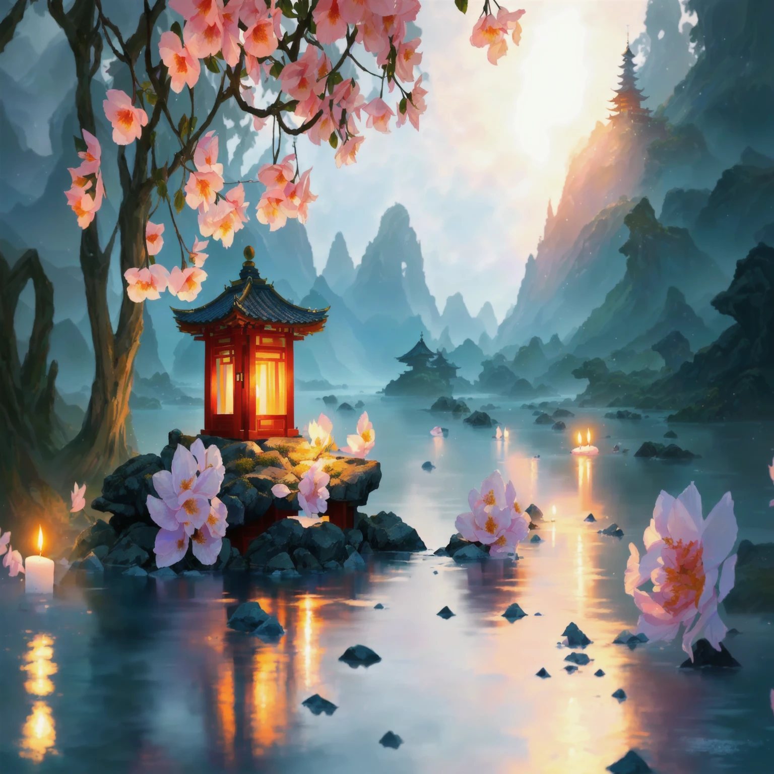 In the water there is a small shrine decorated with flowers and candles, Zen temple background, Zen Nature Background, Digital Painting of a Pagoda, Epic dreamy fantasy landscape, Serene landscape, Beautiful Art UHD 4K, Oriental wallpapers, Beautiful peaceful scene in anime, Chinese landscape, Serene landscapeの中で, Mysterious and fantastic landscape, Beautiful digital art, Quiet landscape, blissful landscape