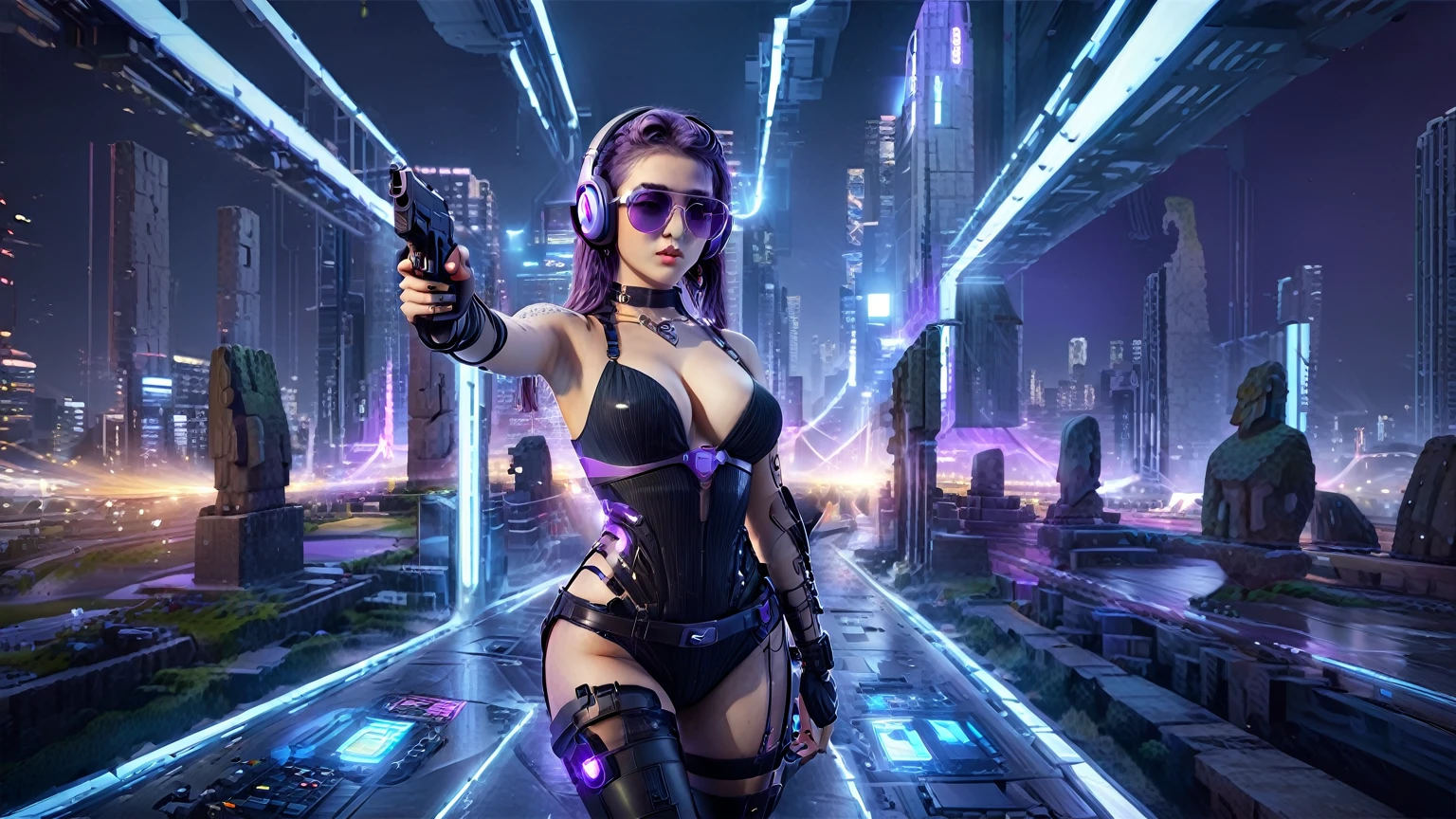 masterpiece, best quality, high resolution, 8k, (Portrait Photos:1.5), (R Original Photo), real picture, Digital Photography, (A fusion of cyberpunk and fantasy), 20 year old girl, solo, (((black sunglasses, headphone))), Feel free to hairstyle, Purple Eyes, By Bangs, (large breasts, cleavage, Accessories, Elegant and charming, Combination of cyberpunk and fantasy style clothing, Hollow carving design, Photo poses, Realistic style, (((((((pistol shooting pose))))))), oc render reflection texture, sentry, (((((Cyberpunk style future city, (Easter Island Moai) shape buildings))))), night, Bustling streets, (((((half-body (thigh level) medium shot))))).