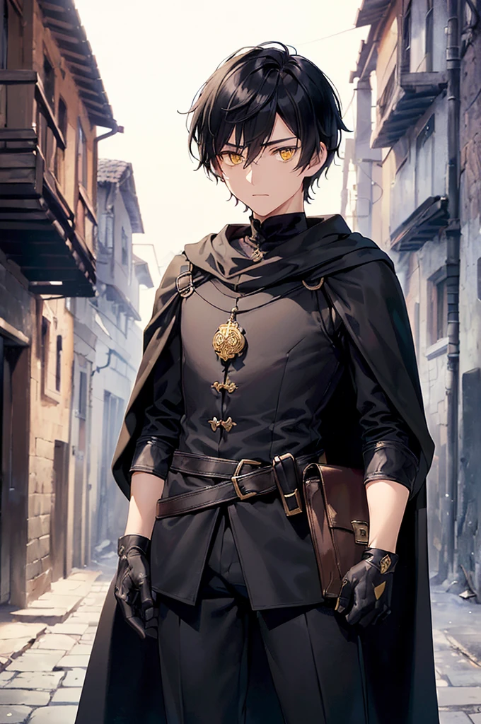 (masterpiece; best quality: 1.2), (finely detailed eyes: 1.3), ((25 year old man)), ((solo)), (yellow eyes: 1.4), (body; lithe, lean, slender: 1.3), (very short black hair: 1.3), (beautiful and clear background: 1.2), ((depth of field)), (clothes: black assassin attire + black high-neck tunic + black pants + black gloves + black cloak + belts + traveler pouches and satchel: 1.3), (anime illustration: 1.2), (background; medieval slums alleyway + night: 1.1), (extremely fine and handsome: 1.1), (shot composition; standing + centered on torso + close-up: 1.5), (expression; calm, stoic: 1.2)