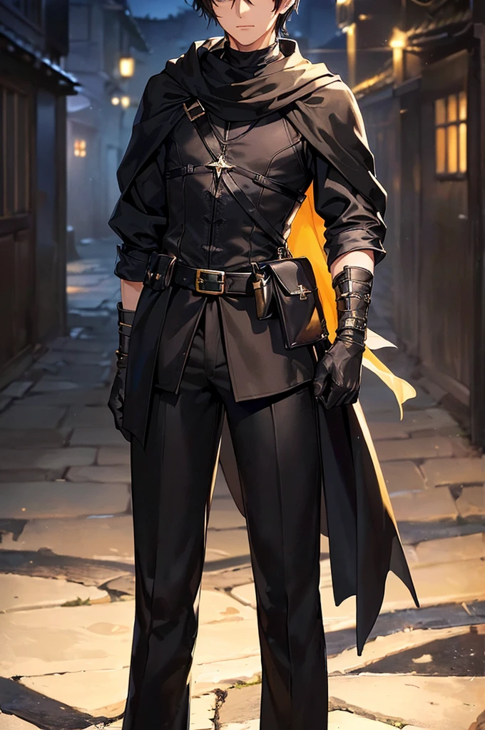 (masterpiece; best quality: 1.2), (finely detailed eyes: 1.3), ((25 year old man)), ((solo)), (yellow eyes: 1.4), (body; lithe, lean, slender: 1.3), (very short black hair: 1.3), (beautiful and clear background: 1.2), ((depth of field)), (clothes: black assassin attire + black high-neck tunic + black pants + black gloves + black cloak + belts + traveler pouches and satchel: 1.3), (anime illustration: 1.2), (background; medieval slums alleyway + night: 1.1), (extremely fine and handsome: 1.1), (shot composition; standing + centered on torso + close-up: 1.5), (expression; calm, stoic: 1.2)