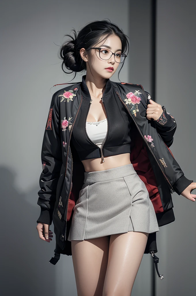 (masterpiece), (Highest quality), (High resolution), detailed, (複雑なdetailed 1.2), (Hyper detailed 1.4), (Gorgeous Digital Art 1.2), One girl, Mature Woman, masterpiece, Mistress showing her bra, goddess,Hair tied up on top of head ,((Black Hair)),Glasses, (Tight Skirt:1.3),(Taking off his jacket:1.5)